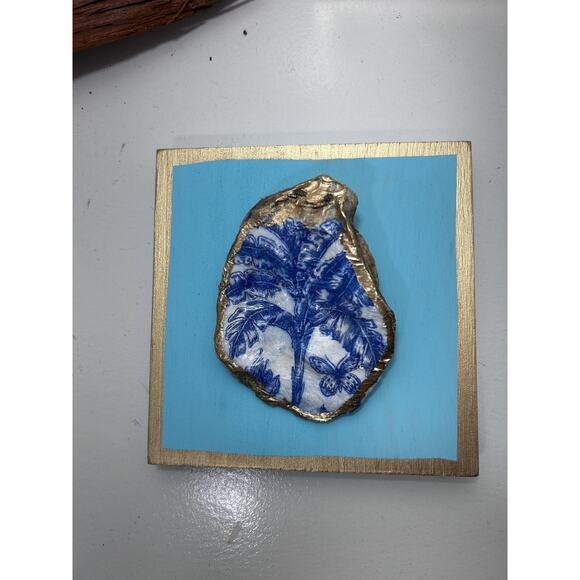 SALE Original HandPainted Oyster Shell Art 5x5 Wooden Block Palm Tree Gold Beach - Picture 3 of 5